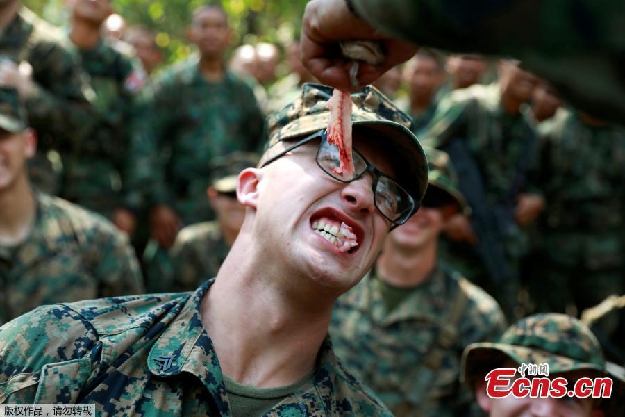 A soldier eats fresh meat during the Cobra Gold multilateral military exercise in Chanthaburi, Thailand, Feb. 14, 2019. (Photo/Agencies)