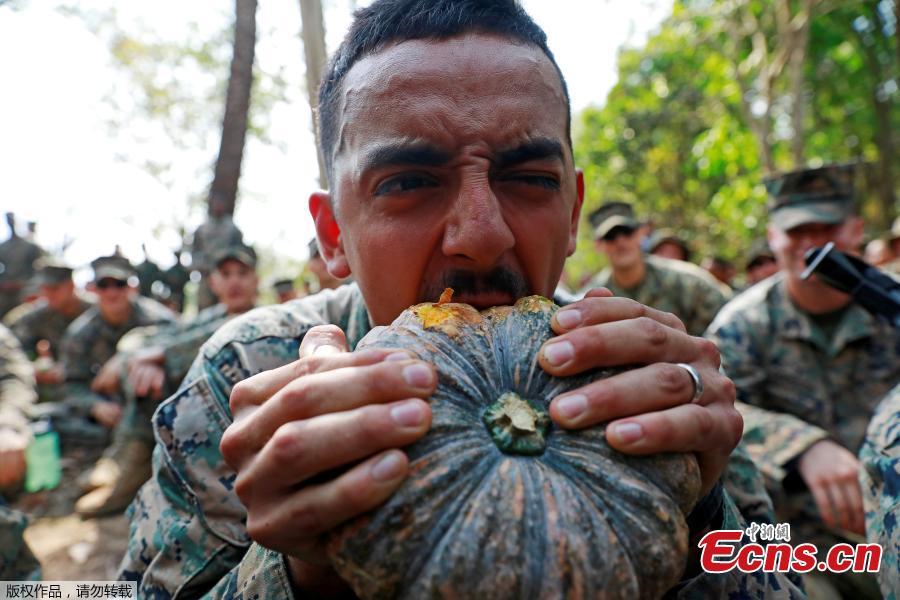 A soldier eats a fruit during the Cobra Gold multilateral military exercise in Chanthaburi, Thailand, Feb. 14, 2019. (Photo/Agencies)