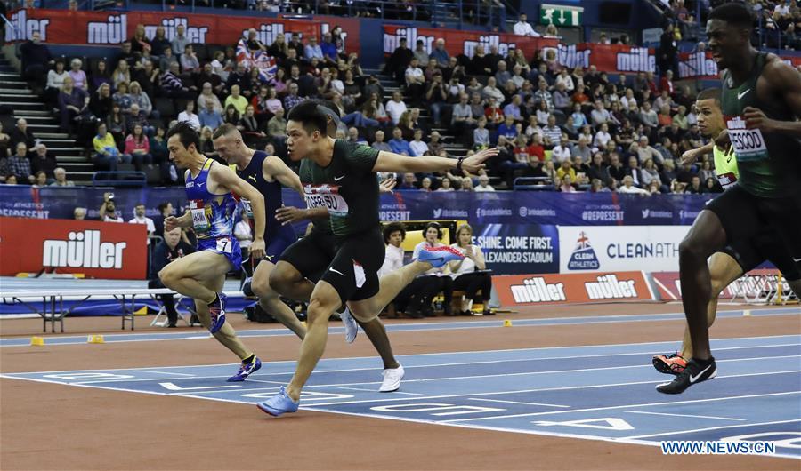 China\'s Su Bingtian (3rd R) competes in the men\'s 60m final at the IAAF Indoor Grand Prix in Birmingham, Britain on Feb. 16, 2019. (Xinhua/Han Yan)