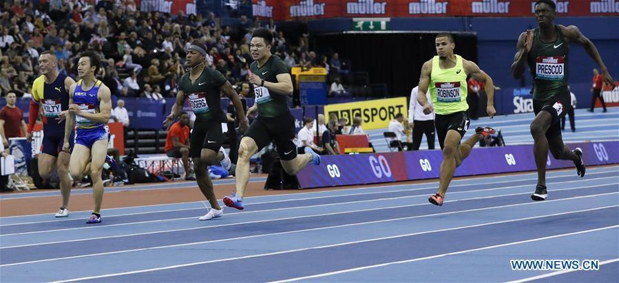 China\'s Su Bingtian (3rd R) competes in the men\'s 60m final at the IAAF Indoor Grand Prix in Birmingham, Britain on Feb. 16, 2019. (Xinhua/Han Yan)