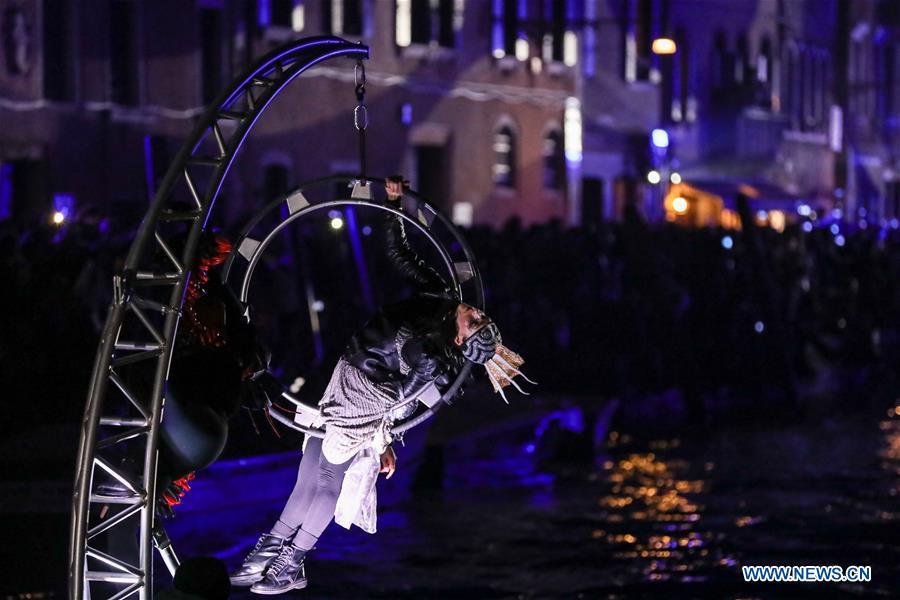 An actress performs during the opening show of the Venice Carnival in Venice, Italy, on Feb. 16, 2019. The Venice Carnival 2019 kicked off on Saturday and will last until March 5. (Xinhua/Cheng Tingting)