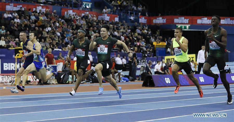 China\'s Su Bingtian (3rd R) competes in the men\'s 60m final at the IAAF Indoor Grand Prix in Birmingham, Britain on Feb. 16, 2019. (Xinhua/Han Yan)