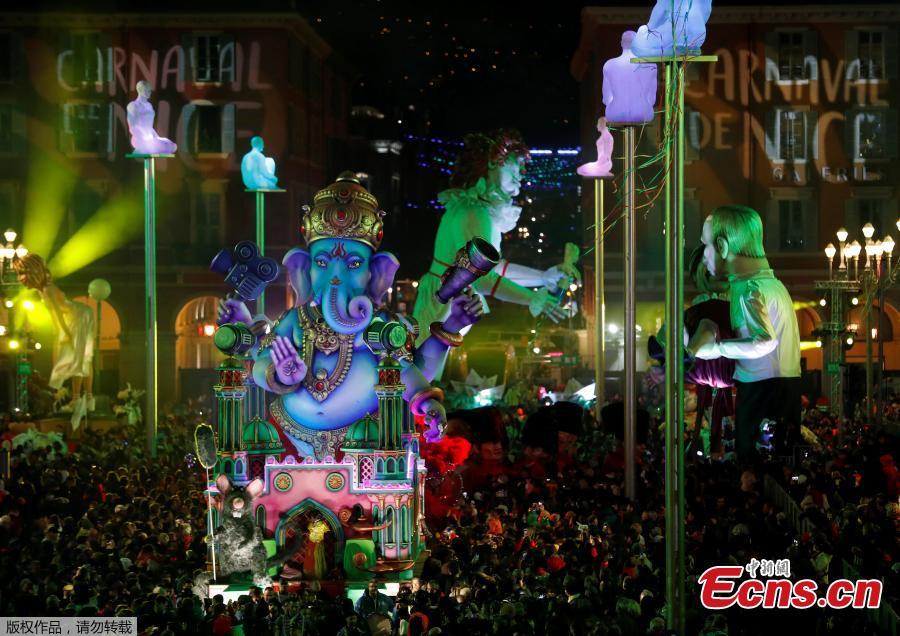 A Bollywood float is paraded through the crowd during the 135th Carnival parade in Nice, France, Feb. 16, 2019. (Photo/Agencies)