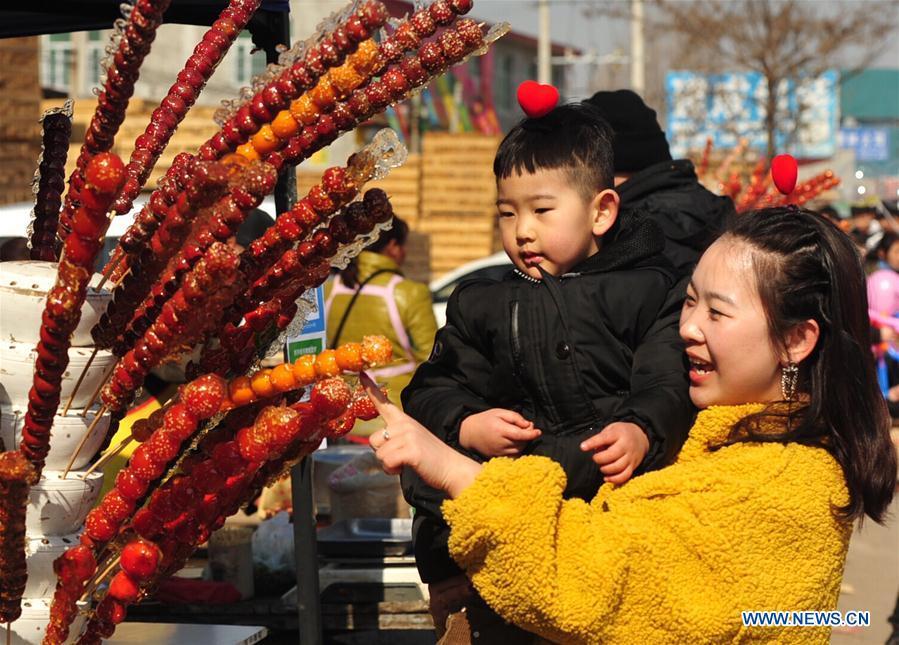 Tourists buy tanghulu, a traditional Chinese snack of candied fruit, during an activity to greet the upcoming Lantern Festival in Lihua Village of Renqiu, north China\'s Hebei Province, Feb. 17, 2019. The traditional Chinese Lantern Festival falls on Feb. 19 this year. (Xinhua/Mu Yu)
