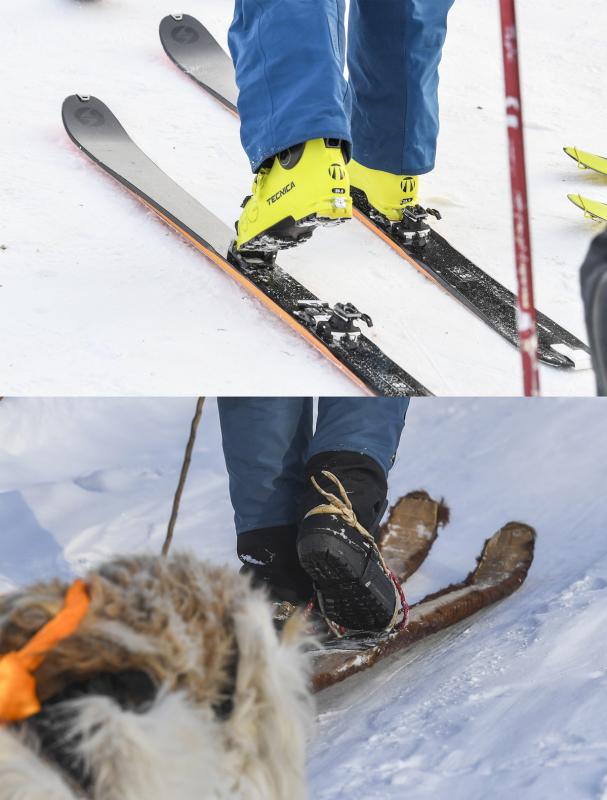 Modern skis (above) and traditional fur skis (below). (Photo/Xinhua)
Fur skis, made of pine wood and horsehide, have a long history dating back more than 12,000 years.

The graining of the horsehide on such skis provides friction to help skiers climb mountains while enabling them to still glide smoothly downhill.