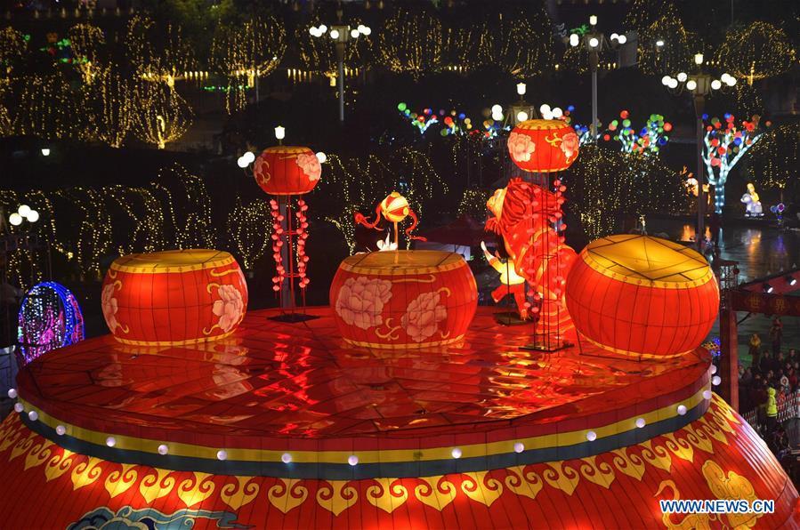 Photo taken on Feb. 17, 2019 shows panda-themed lanterns near the Gongshui River in Xuan\'en County of Enshi Tujia and Miao Autonomous Prefecture, central China\'s Hubei Province. With the approaching of the Lantern Festival, many places across the country are decorated by colorful lanterns. (Xinhua/Song Wen)