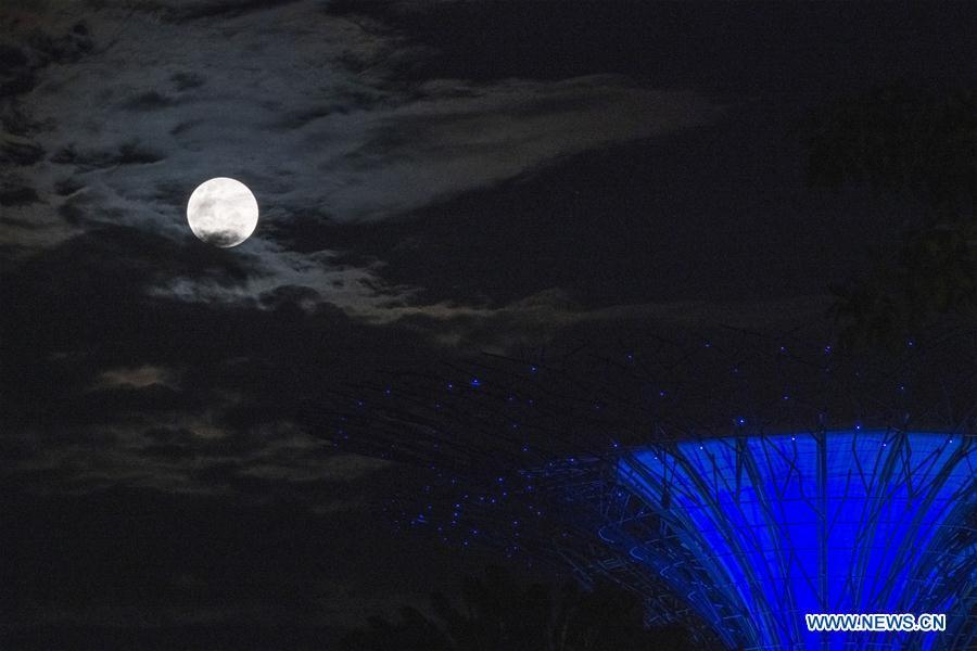 A full moon rises on the eastern coast of Singapore on Feb. 19, 2019. (Xinhua/Then Chih Wey)