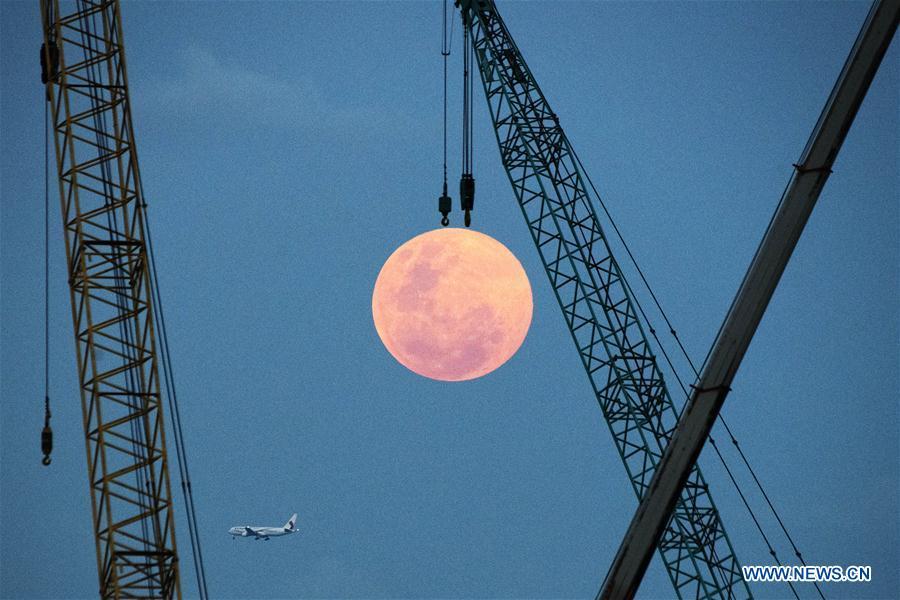 A full moon rises on the eastern coast of Singapore on Feb. 19, 2019. (Xinhua/Then Chih Wey)