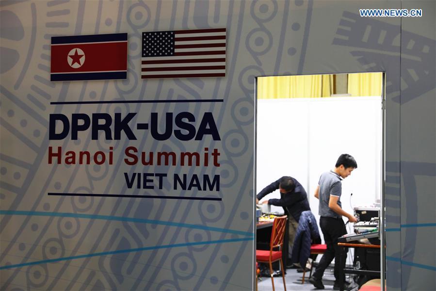 <?php echo strip_tags(addslashes(People work at the International Media Center for the second summit between the Democratic People's Republic of Korea (DPRK) and the United States in Hanoi, Vietnam, on Feb. 24, 2019. The second DPRK-U.S. summit is scheduled to be held in Hanoi on Feb. 27-28. (Xinhua/Wang Di))) ?>