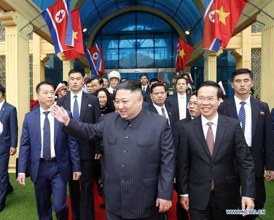 <?php echo strip_tags(addslashes(In this photo provided by Vietnam News Agency, top leader of the Democratic People's Republic of Korea (DPRK) Kim Jong Un (C) arrives at Dong Dang railway station in Lang Son Province, Vietnam, on Feb. 26, 2019. Kim arrived in Vietnam Tuesday morning by train for his first official visit to the country and the second summit with U.S. President Donald Trump, Vietnam News Agency reported. (Xinhua))) ?>