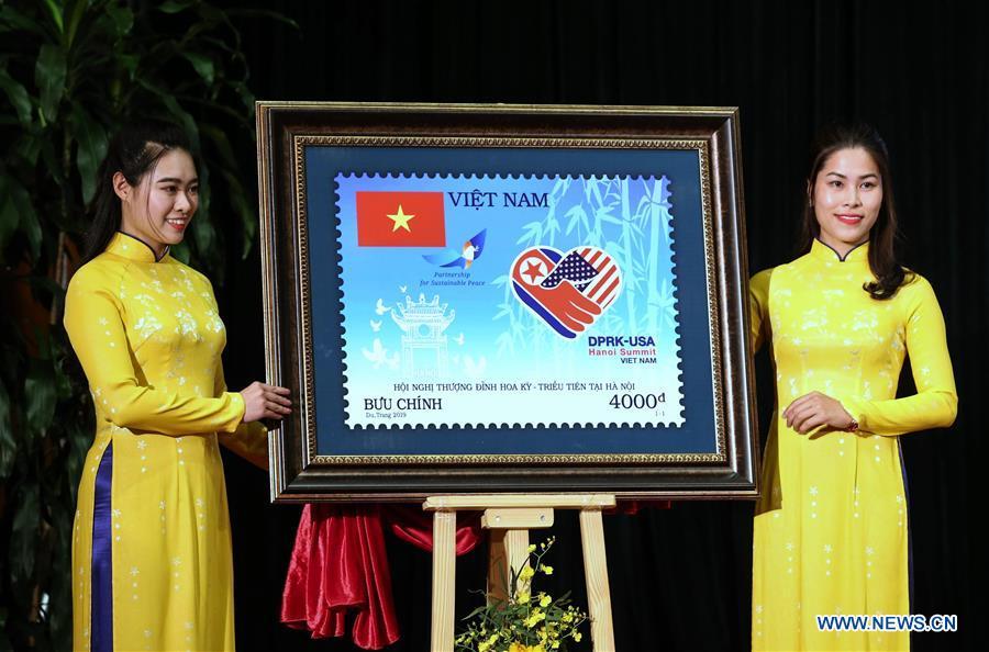 <?php echo strip_tags(addslashes(A special launching ceremony of the stamp commemorating the DPRK-USA summit is held in Hanoi, Vietnam, Feb. 26, 2019. (Xinhua/Wang Shen))) ?>