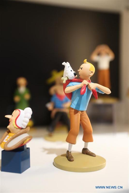 Photo taken on Feb. 26, 2019 shows Tintin products displayed at a Tintin shop in east China\'s Shanghai. The Belgian comics series \