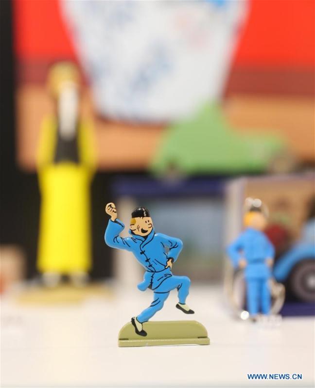 Photo taken on Feb. 26, 2019 shows Tintin products displayed at a Tintin shop in east China\'s Shanghai. The Belgian comics series \