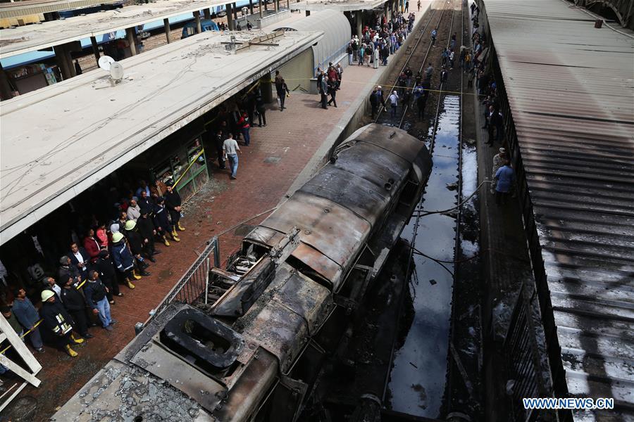 Photo taken on Feb. 27, 2019 shows the train station after a fire in Cairo, Egypt. At least 25 people were killed and more than 40 others wounded when a fire erupted inside the main train station in the city center of Egypt\'s capital Cairo on Wednesday, state-run Nile TV reported. (Xinhua/Ahmed Gomaa)