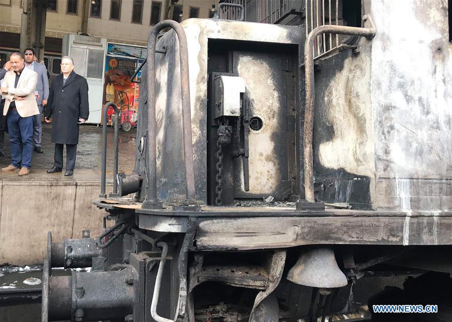 Photo taken on Feb. 27, 2019 shows a fire site at a train station in Cairo, Egypt. At least 25 people were killed and more than 40 others wounded when a fire erupted inside the main train station in the city center of Egypt\'s capital Cairo on Wednesday, state-run Nile TV reported. (Xinhua/Ahmed Gomaa)