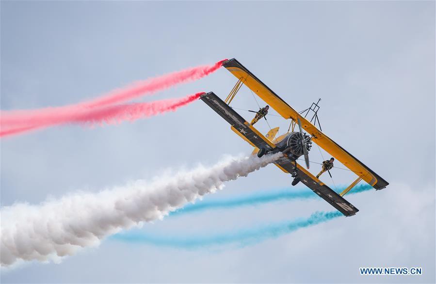 Scandinavian Airshow aerobatic team perform during the Australian International Airshow and Aerospace & Defence Exposition at the Avalon Airport, Melbourne, Feb. 28, 2019. (Xinhua/Bai Xuefei)