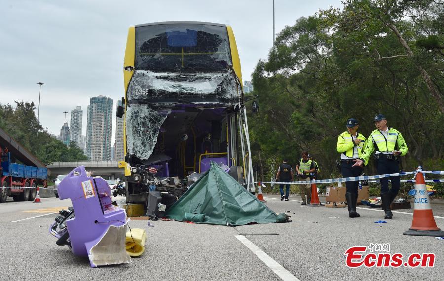 <?php echo strip_tags(addslashes(Photo taken on March 4, 2019 shows a bus rear-ended a lorry that stopped on the West Kowloon Highway in Hong Kong, leaving two dead. (Photo: China News Service/Sheung Man Mak))) ?>