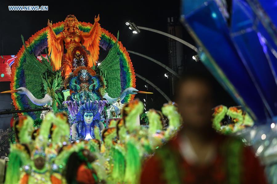 Revellers from a samba school perform during the carnival parade in Sao Paulo, Brazil, March 3, 2019. (Xinhua/Rahel Patrasso)