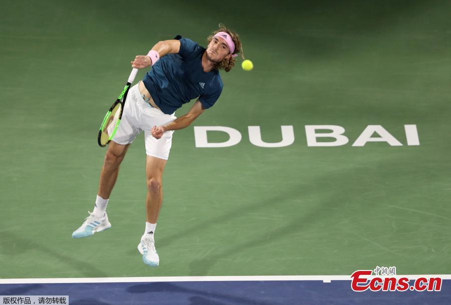Stefanos Tsitsipas of Greece serves during their final match at the Dubai Duty Free Tennis Championship, in Dubai, United Arab Emirates, March 2, 2019. Roger Federer claimed the 100th ATP title of his career by beating 20-year-old Greek Stefanos Tsitsipas 6-4 6-4. The 20-times Grand Slam champion became the second man in the Open Era to win 100 titles, after American Jimmy Connors who won 109. (Photo/Agencies)