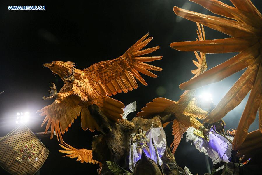 Revellers from a samba school perform during the carnival parade in Sao Paulo, Brazil, March 2, 2019. (Xinhua/Rahel Patrasso)