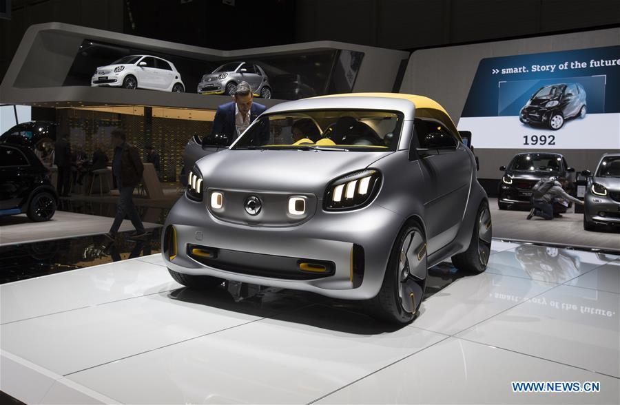 A new SMART is seen on the first press day of the 89th Geneva International Motor Show in Geneva, Switzerland, March 5, 2019. Featuring about 220 world exhibitors, the 89th Geneva International Motor Show will be opened to the public from March 7 to 17. (Xinhua/Xu Jinquan)