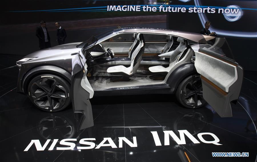 Photo taken on March 6, 2019 shows the Nissan IMQ crossover concept at the 89th Geneva International Motor Show in Geneva, Switzerland. Electric cars and hybrid cars are highlights at this year\'s Geneva International Motor Show, which will open to the public from March 7 to 17. (Xinhua/Xu Jinquan)