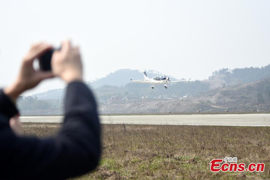 <?php echo strip_tags(addslashes(An aircraft developed by Guanyi General Aviation undergoes a test flight at Hengdian Airport in Zhejiang Province, March 11, 2019. The private company said independent intellectual property rights had been secured for the general-purpose aircraft GA20.  The 30-minute test flight showed the aircraft flew smoothly and landed safely. (Photo provided to China News Service))) ?>