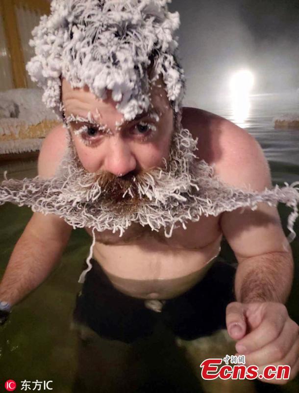 People from around the world took part in a hair freezing contest in Whitehorse, Yukon, Canada on February 13, 2019. They entered hot springs between 36 and 42 degrees Celsius and then fashioned their hair into rigid shapes as the water froze it solid.   (Photo/IC)