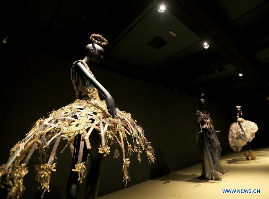 Photo taken on March 7, 2019 shows creations of Chinese couturier Guo Pei at her \