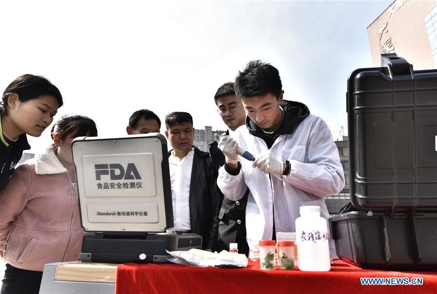 A technician (1st L) checks the pesticide residue in food during an activity in Hefei, east China\'s Anhui Province, on March 15, 2019, the World Consumer Rights Day. A variety of activities were held across China to raise consumers\' awareness to protect their rights on the World Consumer Rights Day. (Xinhua/Ge Yinian)