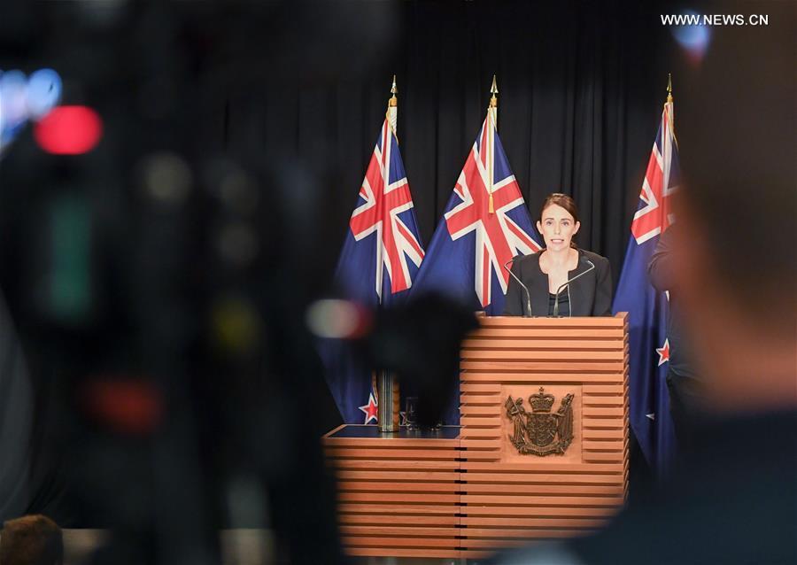 New Zealand Prime Minister Jacinda Ardern addresses a briefing in Wellington, capital of New Zealand, on March 16, 2019. Jacinda Ardern reiterated to the public on Saturday morning that the country\'s gun law will be changed. Gunmen opened fire in two separate mosques in Christchurch on Friday, killing 49 people and wounding 48 others. (Xinhua/Guo Lei)