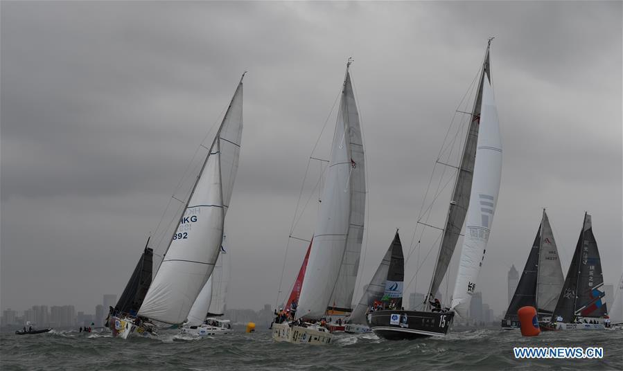 Yachts compete during the Haikou Offshore Race at the 2019 Round Hainan Regatta in Haikou, capital of south China\'s Hainan Province, March 16, 2019. (Xinhua/Yang Guanyu)