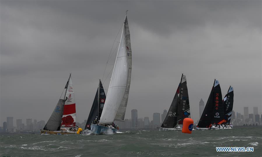 Yachts compete during the Haikou Offshore Race at the 2019 Round Hainan Regatta in Haikou, capital of south China\'s Hainan Province, March 16, 2019. (Xinhua/Yang Guanyu)