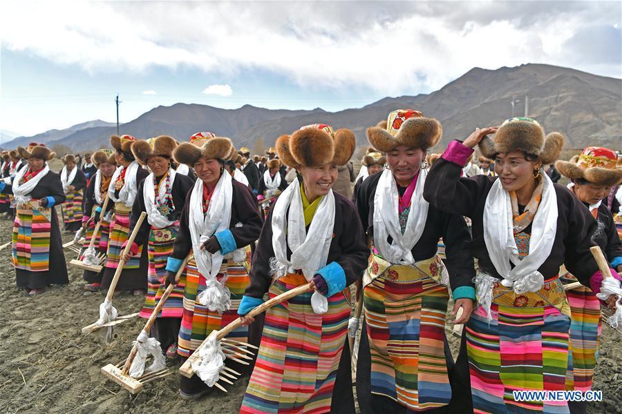 People attend a ceremony marking the start of spring plowing in Nedong District of Shannan City, southwest China\'s Tibet Autonomous Region, March 16, 2019. (Xinhua/Li Xin)