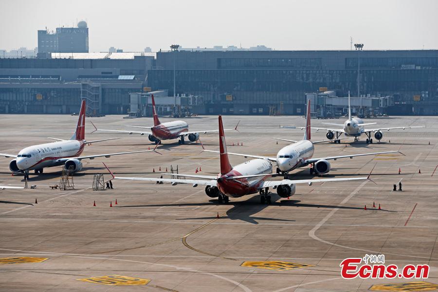 Boeing 737 MAX planes of Shanghai Airlines are grounded at Hongqiao International Airport in Shanghai, March 17, 2019. Boeing Co said on Friday its software upgrade for the grounded 737 MAX jetliner will be rolled out in the coming weeks. (Photo: China News Service/Yin Liqin)