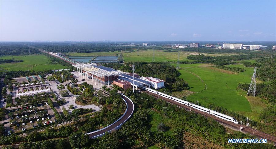 Aerial photo taken on March 20, 2019 shows the high-speed railway station in Boao Town of Qionghai City, south China\'s Hainan Province. This year\'s annual conference of the Boao Forum for Asia (BFA), scheduled from March 26 to 29 in Boao, a coastal town in China\'s southern island province of Hainan, will be themed \