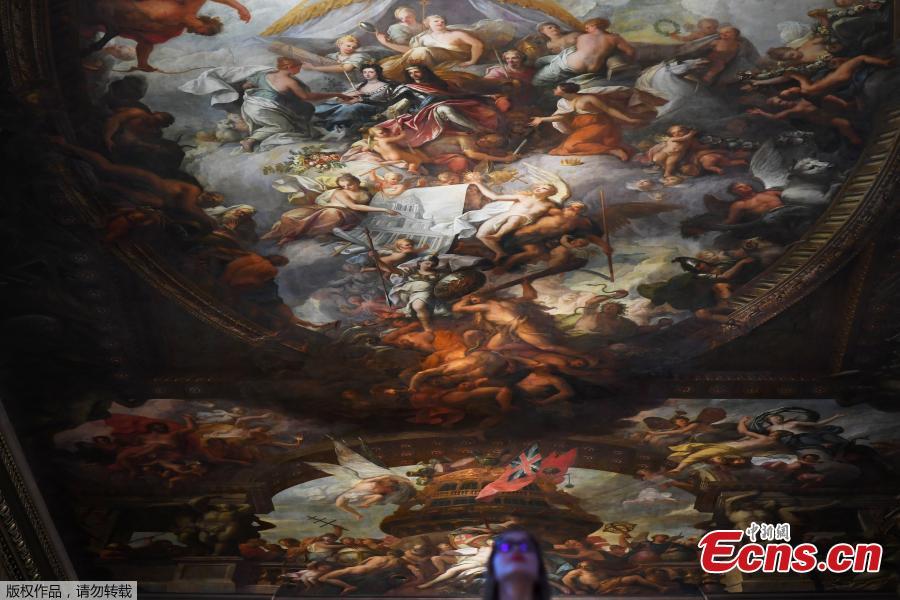 Photo taken on March 20, 2019 shows the Painted Hall at the Old Royal Naval College, Greenwich, one of the most spectacular and important baroque interiors in Europe. It will reopen on March 23 following a major conservation project. (Photo/Agencies)