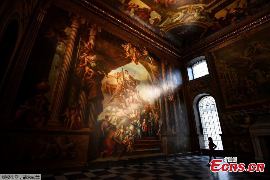 Photo taken on March 20, 2019 shows the Painted Hall at the Old Royal Naval College, Greenwich, one of the most spectacular and important baroque interiors in Europe. It will reopen on March 23 following a major conservation project. (Photo/Agencies)