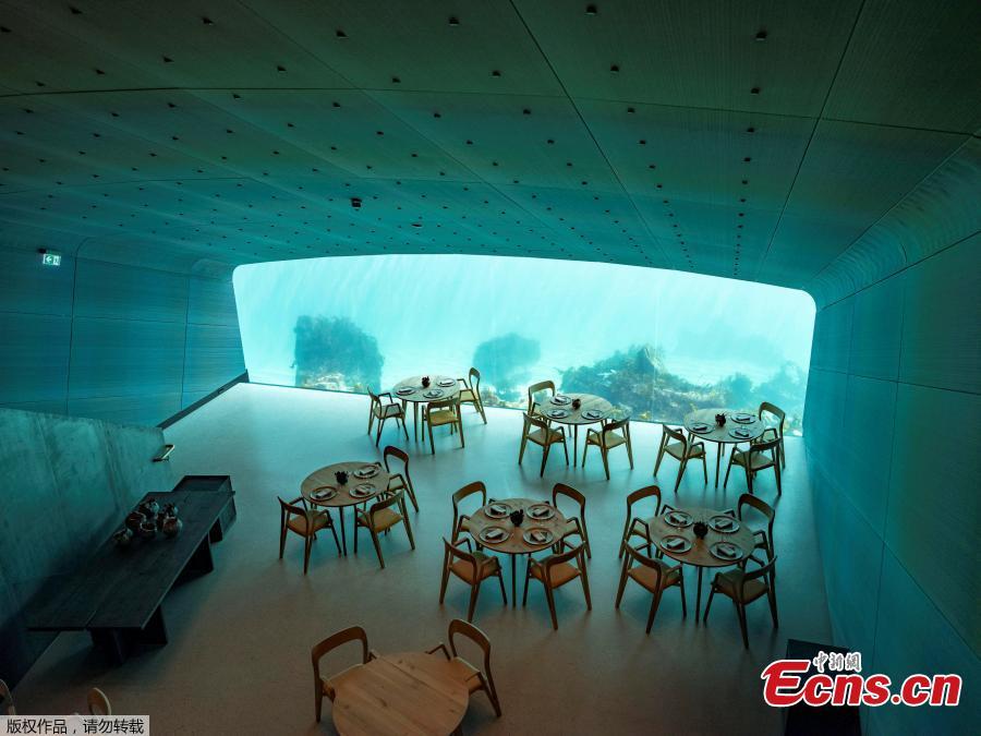 Photo shows the interior view of the restaurant named Under, that is semi-submerged beneath the waters of the North Atlantic in Lindesnes near Kristiansand in Oslo, Norway, March 19, 2019. (Photo/Agencies)

A large, 36-foot wide acrylic glass window will offer underwater views to about 100 seating guests to look through into the sea. Under, Europe\'s first underwater restaurant opens on March 19, 2019 in Norway, overlooking the Skagerrak strait.