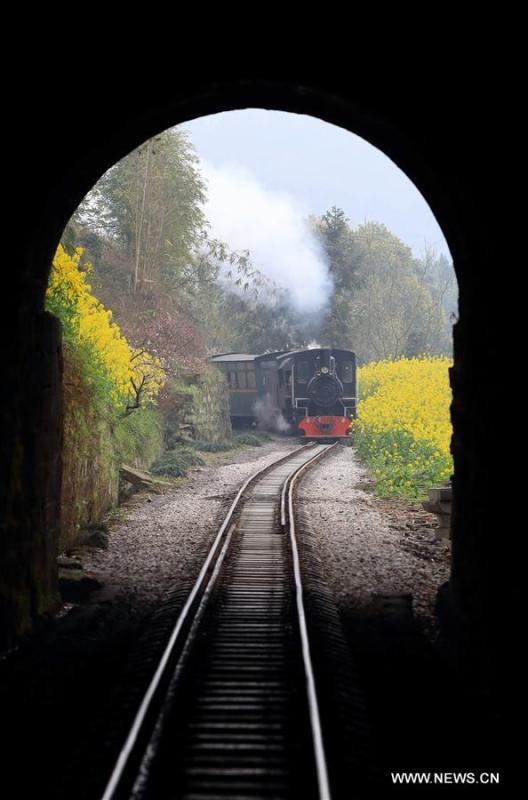A Jiayang steam train runs on a narrow gauge railway in Qianwei County, southwest China\'s Sichuan Province, March 20, 2019. The old-fashioned steam train, running on a narrow gauge railway in Qianwei County, serves mainly in sightseeing, but as increasing number of tourists visit the county in recent years, the train itself has become an attraction providing a journey of reminiscence. (Xinhua/Chen Tianhu)
