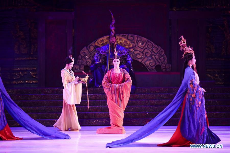 Actors perform during the media preview of Princess Zhaojun at Lincoln Center\'s David H. Koch Theater in New York, the United Sates, March 21, 2019. The dance drama based on the life story of an ancient princess in China made its debut of the four-day New York tour on Thursday. Produced by the renowned China Arts and Entertainment Group Ltd. (CAEG), Princess Zhaojun, which features 50 dancers, brings to life a household story in China of Wang Zhaojun, a palace lady-in-waiting living over 2,000 years ago in Han Dynasty who helped secure peace on the turbulent northern border by marrying the leader of Xiongnu, a powerful nomadic tribe. Serving as a queen of the tribe, Zhaojun helped Han to build a good relationship with Xiongnu and promoted cultural exchanges. (Xinhua/Wang Ying)