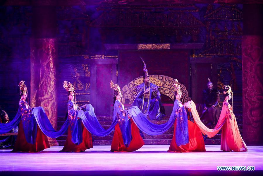 Actors perform during the media preview of Princess Zhaojun at Lincoln Center\'s David H. Koch Theater in New York, the United Sates, March 21, 2019. The dance drama based on the life story of an ancient princess in China made its debut of the four-day New York tour on Thursday. Produced by the renowned China Arts and Entertainment Group Ltd. (CAEG), Princess Zhaojun, which features 50 dancers, brings to life a household story in China of Wang Zhaojun, a palace lady-in-waiting living over 2,000 years ago in Han Dynasty who helped secure peace on the turbulent northern border by marrying the leader of Xiongnu, a powerful nomadic tribe. Serving as a queen of the tribe, Zhaojun helped Han to build a good relationship with Xiongnu and promoted cultural exchanges. (Xinhua/Wang Ying)