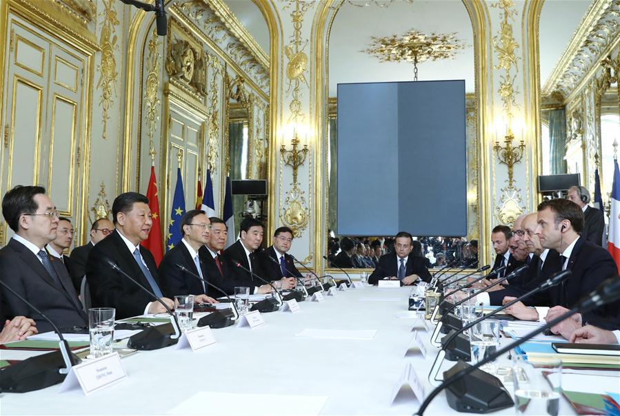 Chinese President Xi Jinping holds talks with his French counterpart Emmanuel Macron at the Elysee Palace in Paris, France, March 25, 2019. (Xinhua/Ju Peng)