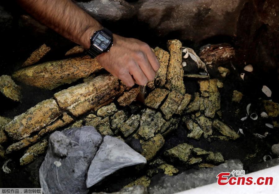 Antonio Marin, an archaeologist with the National Institute of Anthropology and History (INAH), works at a site where the 500-year-old interior of a partially-excavated stone box contains an Aztec offering including bars of copal used by Aztec priests for incense in ritual ceremonies, in Mexico City, Mexico March 14, 2019. (Photo/Agencies)