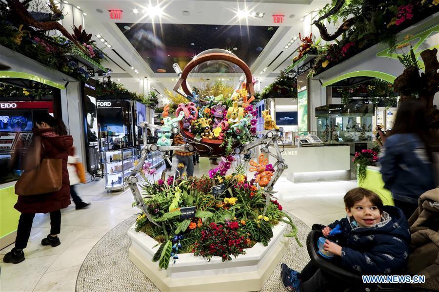 People visit Macy\'s Flower Show at Macy\'s Herald Square flagship store in New York, the United States, on March 25, 2019. The annual flower show is held from March 24 to April 7 this year. With the theme of \