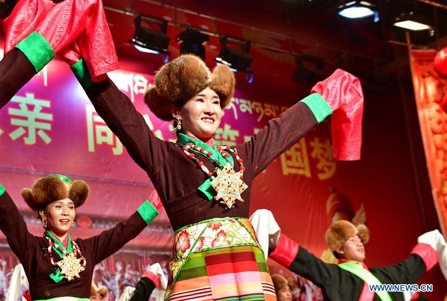Performers dance during a performance to mark Tibet\'s Serfs\' Emancipation Day in Shannan, southwest China\'s Tibet Autonomous Region, March 26, 2019. Serfs\' Emancipation Day was formally established on March 28. (Xinhua/Zhang Rufeng)