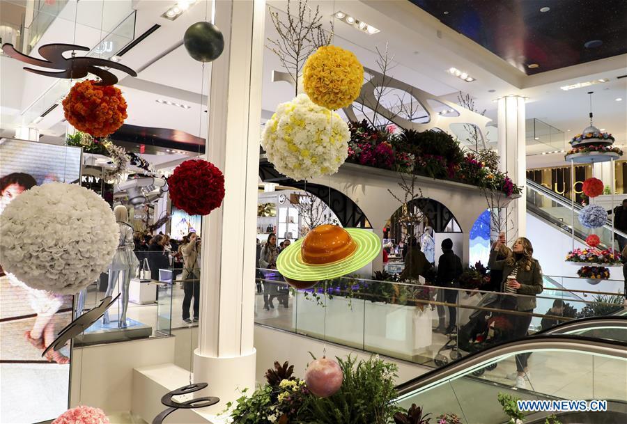 People visit Macy\'s Flower Show at Macy\'s Herald Square flagship store in New York, the United States, on March 25, 2019. The annual flower show is held from March 24 to April 7 this year. With the theme of \