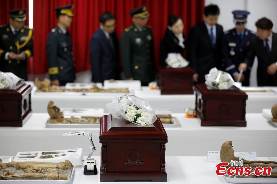 The remains of Chinese volunteer soldiers killed in the Korean War (1950-1953) are prepared before a transfer back to China in Incheon, South Korea, April 1, 2019. The handover ceremony for the remains of 10 Chinese volunteer soldiers will be held on April 3. (Photo: China News Service/Zeng Ding)