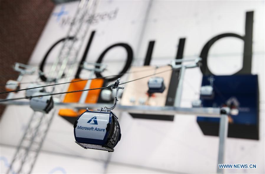 Photo taken on Apirl 1, 2019 shows cable car models displayed at the booth of PlusServer during the 2019 Hanover Fair in Hanover, Germany, on April 1, 2019. With a total of 6,500 exhibitors from 75 countries and regions, the Hanover Fair shows the latest development of technologies for industrial use, including 5G network, artificial intelligence, light-weight manufacturing, among others. (Xinhua/Shan Yuqi)