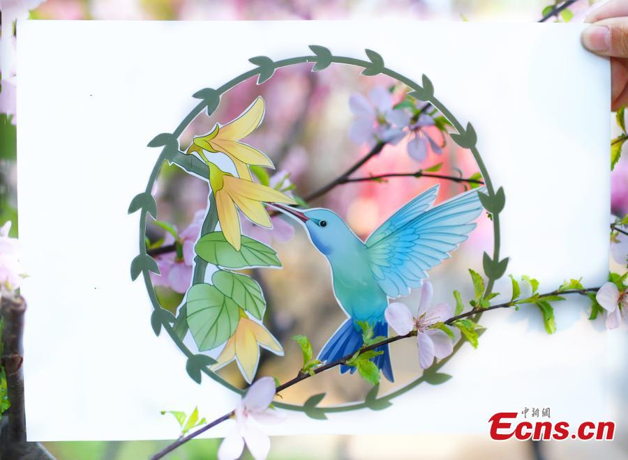 Ni Wenbing has painted birds, plants and flowers on A4 paper with artistic cuts in the middle to bring the beauty of the outdoors into an image through silhouettes. (Photo: China News Service/Zhai Lu and Li Jun)